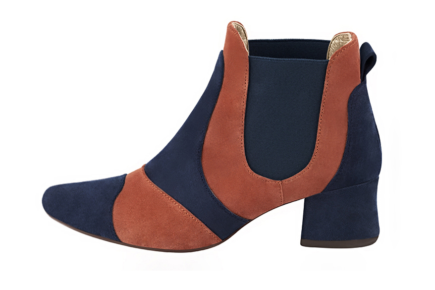 Step out in two-tone leather Chelsea ankle boots with contrasting elastic side gussets for a bold, modern graphic style, in navy blue and terracotta leather with round toe and low flared heel - Florence KOOIJMAN